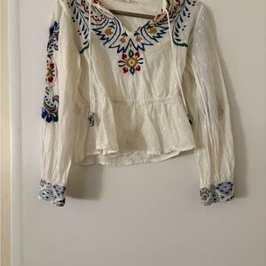 Free People Cream and Blue Peplum Blouse with Sailor Collar